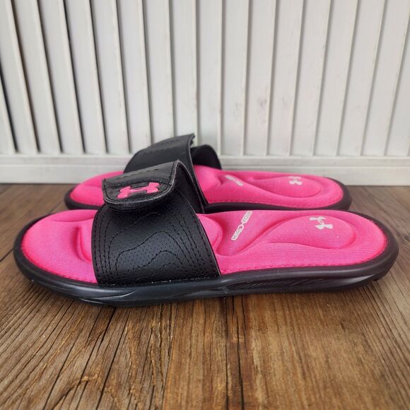 Under Armour Ignite VI Slides Youth Size 2Y Black Pink Adjustable Strap Sandals - Picture 3 of 9